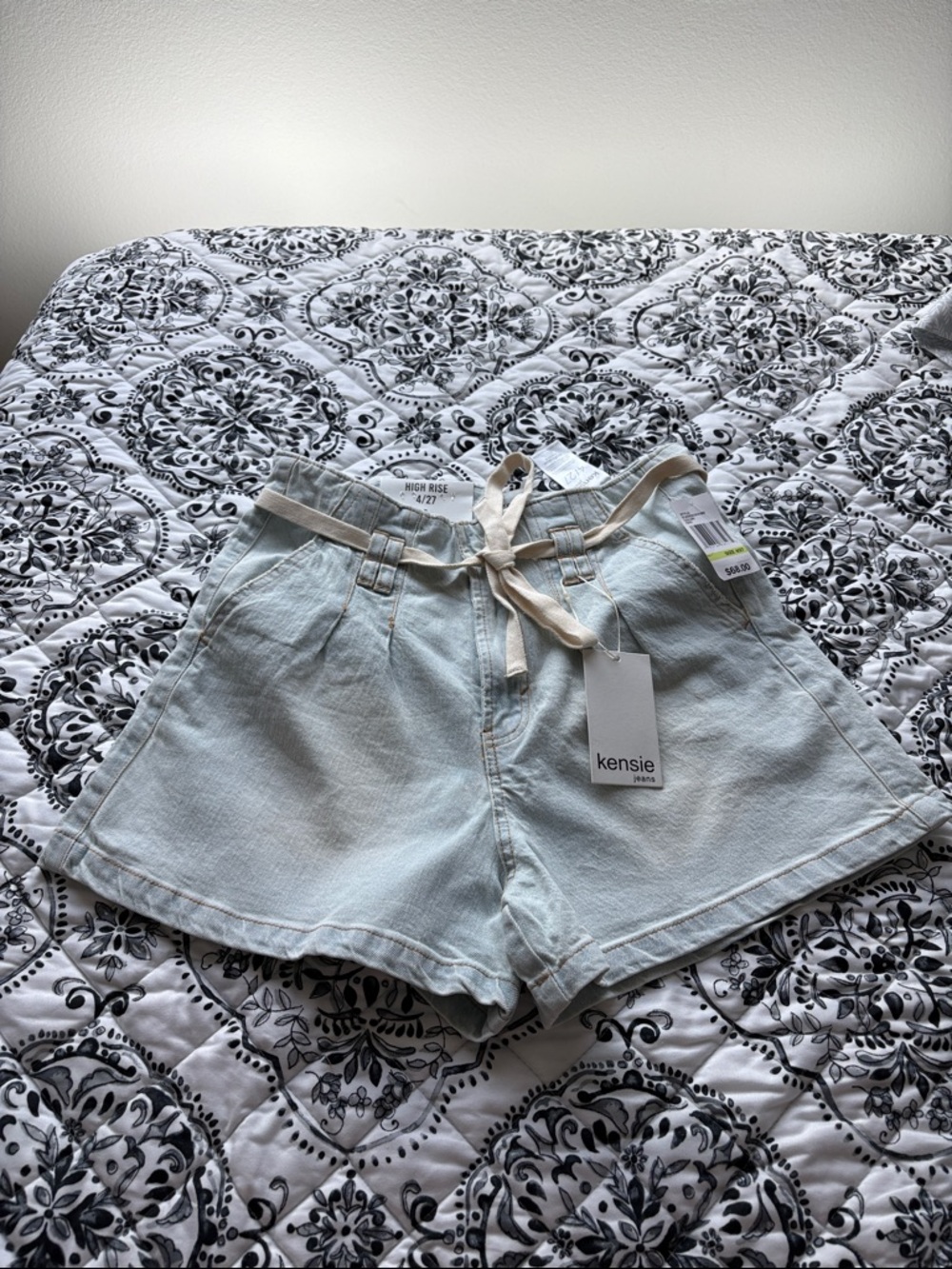 Kensie High-Waist Pale Blue Paperbag Denim Shorts with Tie Belt